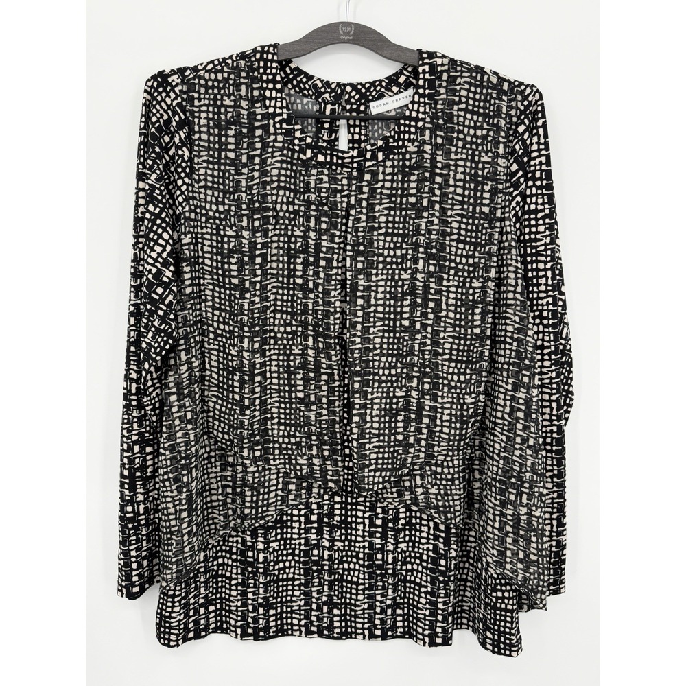 Susan‎ Graver Black Cream Blouse Geometric Tiered Business Casual Long Sleeve
